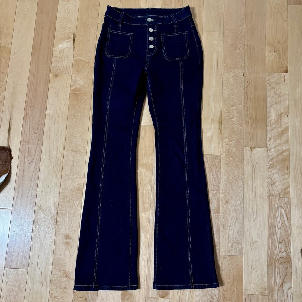 High Waisted Navy Flare Jeans with Front Pockets